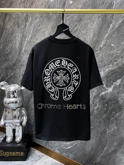 クロムハーツ 馬蹄形のサンスクリット文字ホットフィックスラインストーン手縫いの半袖Tシャツ
