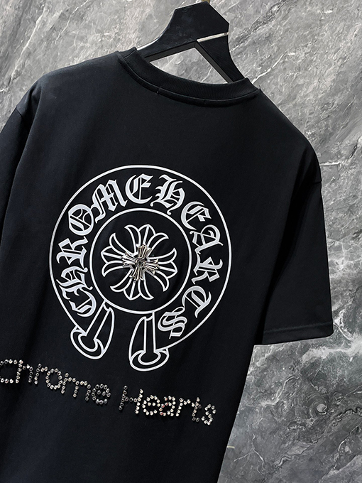 クロムハーツ 馬蹄形のサンスクリット文字ホットフィックスラインストーン手縫いの半袖Tシャツ