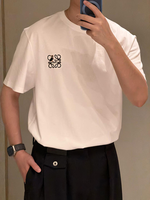 ロエベコピー ロゴ刺繍クルーネック半袖Tシャツ