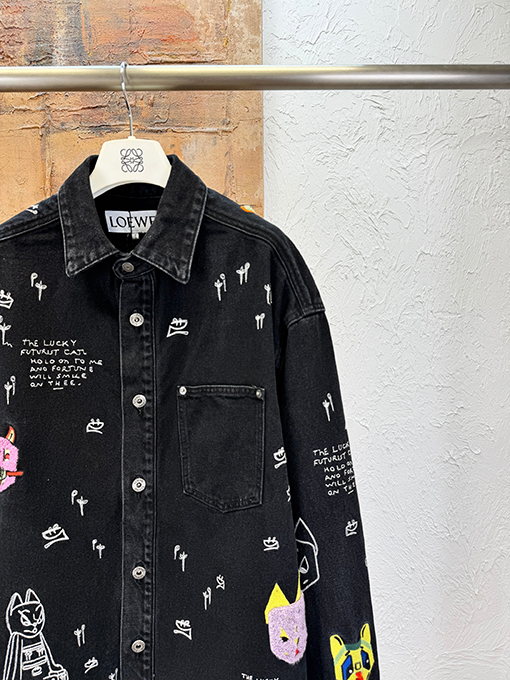ロエベ 猫の刺繍りデニムシャツジャケット
