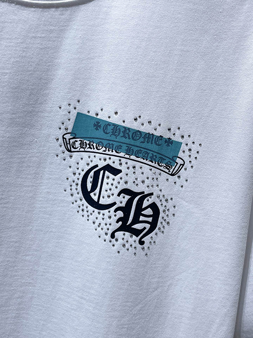 クロムハーツコピー 馬蹄手描きサンスクリットヘビーラインストーン半袖Tシャツ