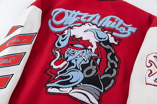 オフホワイト off white 刺繍パッチワークベースボールジャケットウール生地カップルコート