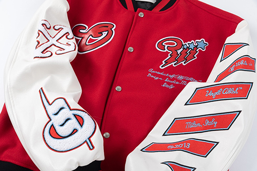 オフホワイト off white 刺繍パッチワークベースボールジャケットウール生地カップルコート