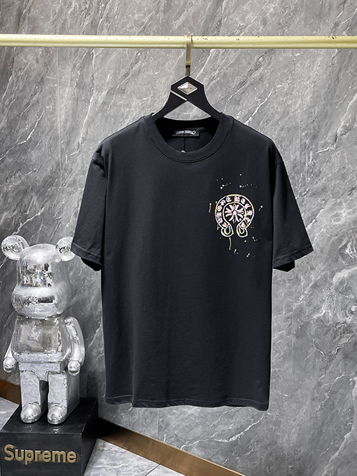 クロムハーツ クラシックなサンスクリットの手描き削り漂白された半袖Tシャツ