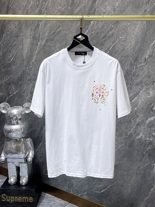 クロムハーツ クラシックなサンスクリットの手描き削り漂白された半袖Tシャツ