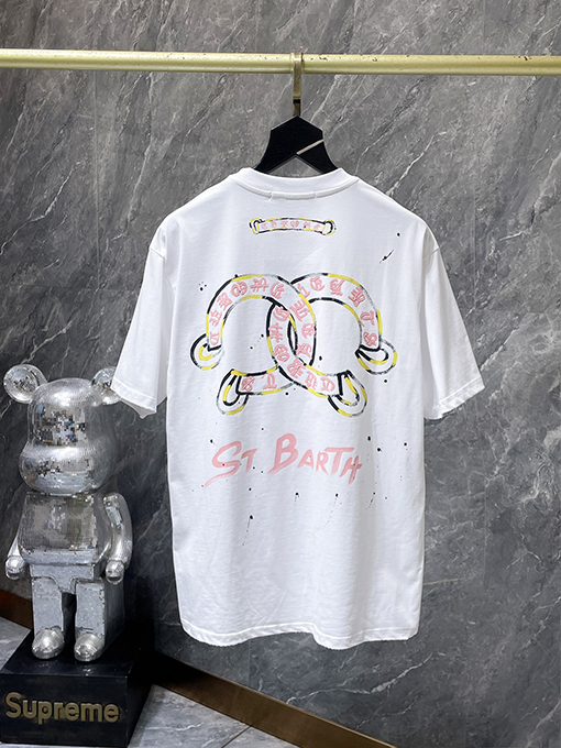 クロムハーツ クラシックなサンスクリットの手描き削り漂白された半袖Tシャツ