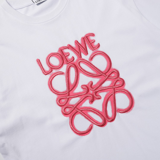 ロエベコピー LOEWE クラシックな蛍光ピンクの刺繍半袖Tシャツ