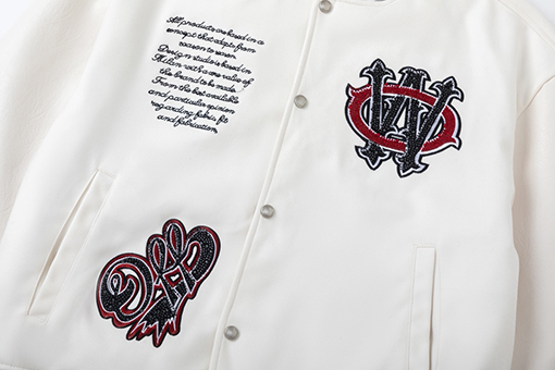 オフホワイト off white 刺繍りレザーパッチワーク高温ホットスタンプクリスタルラインストーンベースボールジャケットカップル向けウールコート