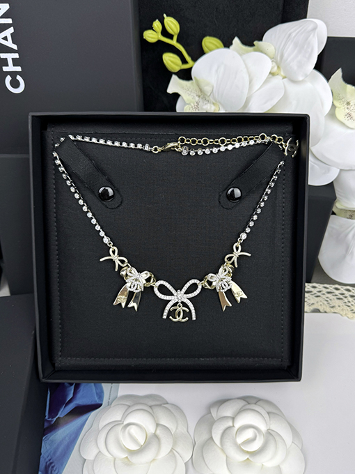 シャネル レディースリボン結びのカラーブロックダブルCネックレス