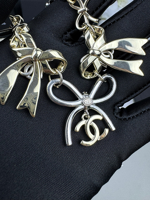 シャネル レディースリボン結びのカラーブロックダブルCネックレス