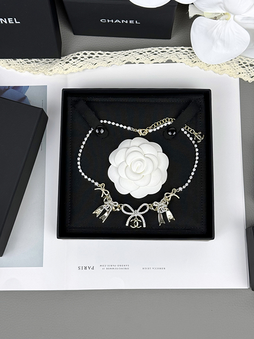 シャネル レディースリボン結びのカラーブロックダブルCネックレス