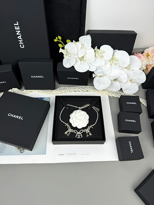 シャネル レディースリボン結びのカラーブロックダブルCネックレス