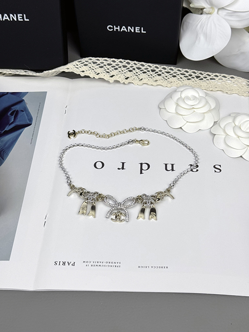 シャネル レディースリボン結びのカラーブロックダブルCネックレス