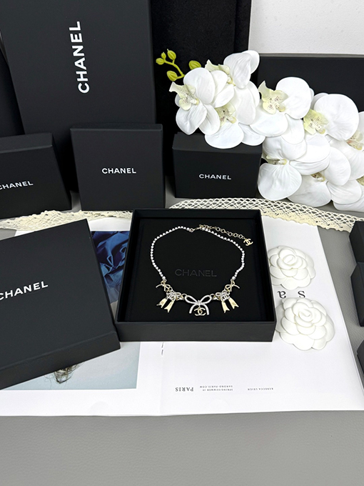 シャネル レディースリボン結びのカラーブロックダブルCネックレス