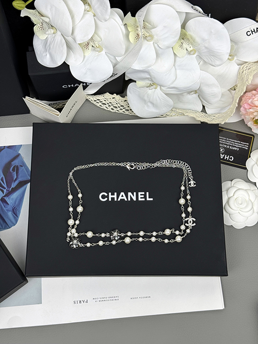 シャネル ブラックエナメルカメリアパールロングネックレス/セーターチェーン