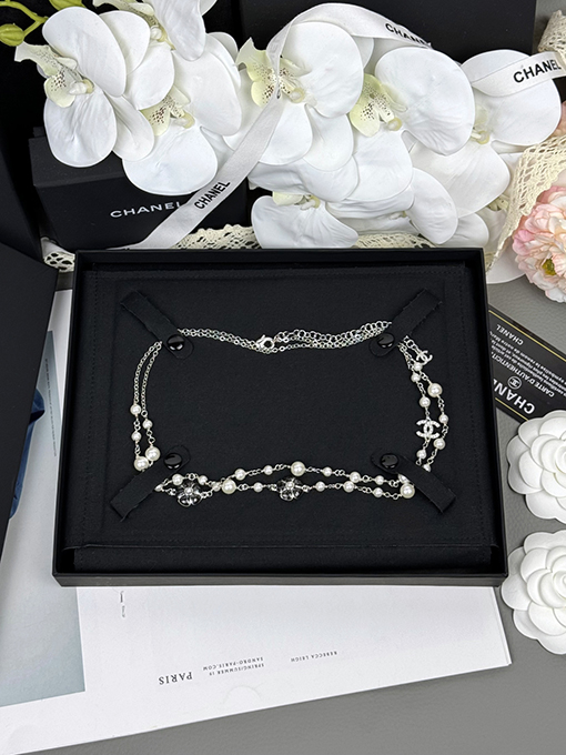 シャネル ブラックエナメルカメリアパールロングネックレス/セーターチェーン