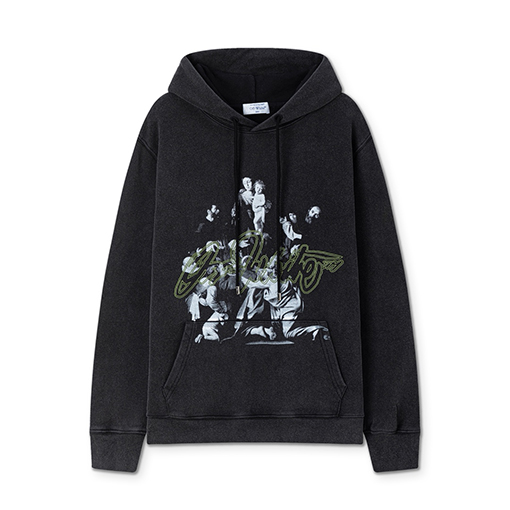 オフホワイト off white ファッショナブルな肖像油絵風460gウォッシュドフード付きスウェットシャツ