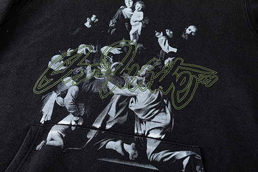 オフホワイト off white ファッショナブルな肖像油絵風460gウォッシュドフード付きスウェットシャツ