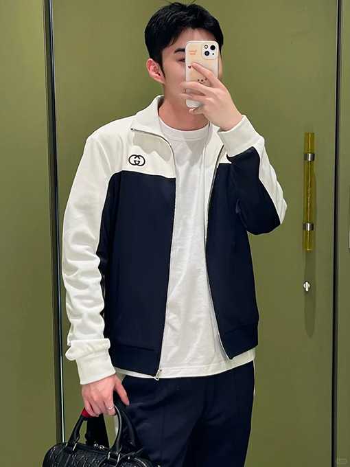 グッチ 刺繍入りカラーブロックスタンドカラージャケット