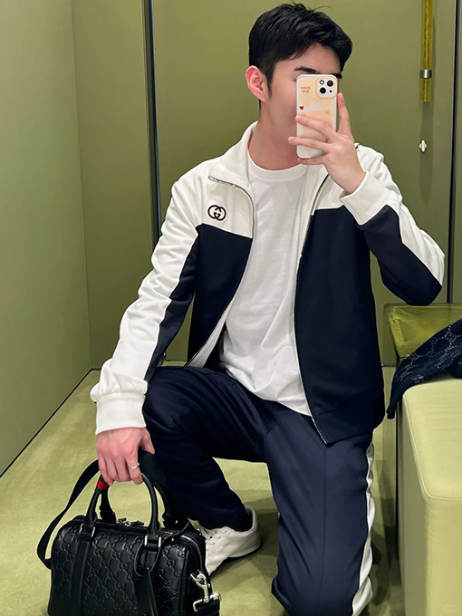 グッチ 刺繍入りカラーブロックスタンドカラージャケット