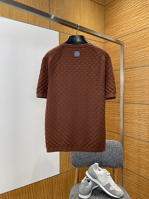 ルイヴィトンコピー LV.M SINCE 1854 刺繍チェック柄ジャカードニット半袖Tシャツ