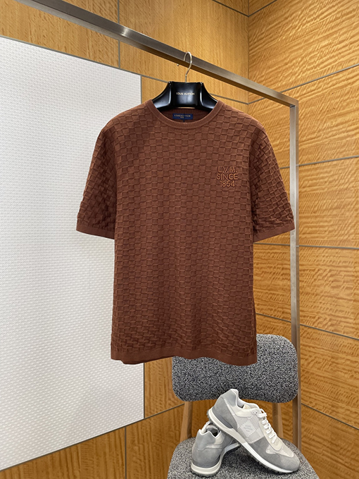 ルイヴィトンコピー LV.M SINCE 1854 刺繍チェック柄ジャカードニット半袖Tシャツ