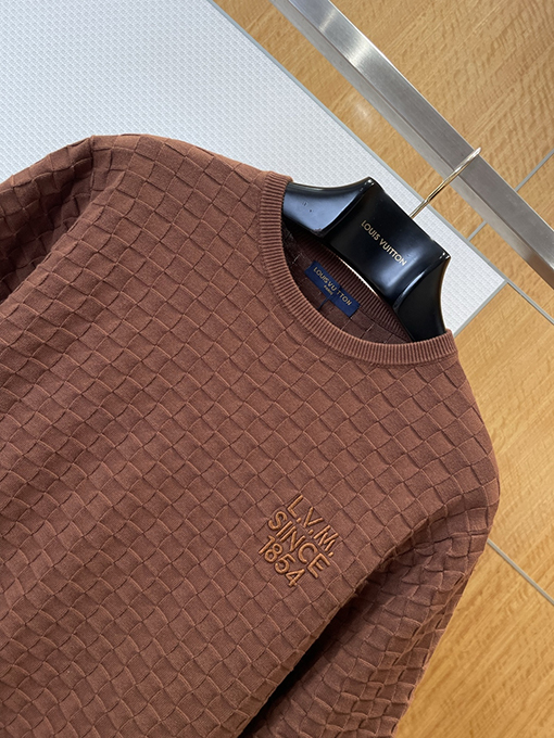 ルイヴィトンコピー LV.M SINCE 1854 刺繍チェック柄ジャカードニット半袖Tシャツ