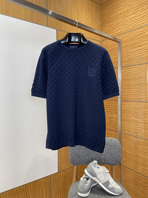 ルイヴィトンコピー LV.M SINCE 1854 刺繍チェック柄ジャカードニット半袖Tシャツ