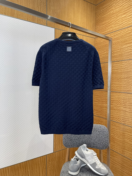 ルイヴィトンコピー LV.M SINCE 1854 刺繍チェック柄ジャカードニット半袖Tシャツ