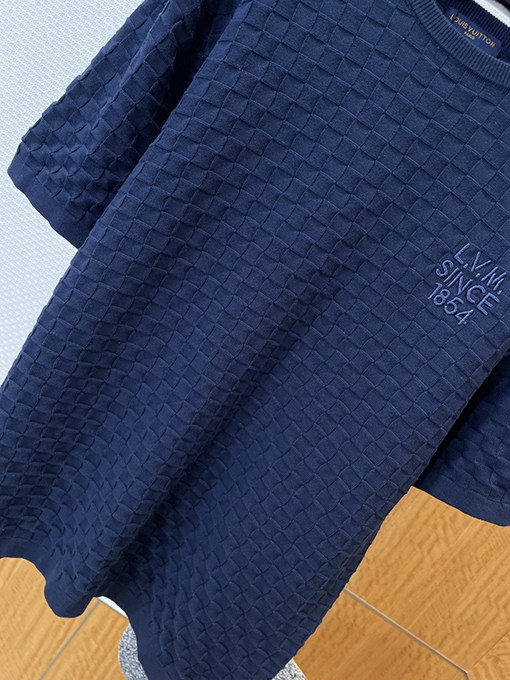 ルイヴィトンコピー LV.M SINCE 1854 刺繍チェック柄ジャカードニット半袖Tシャツ
