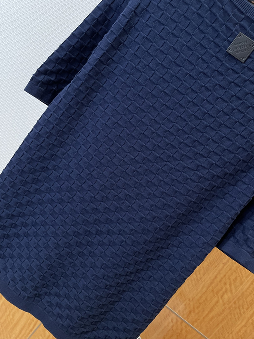 ルイヴィトンコピー LV.M SINCE 1854 刺繍チェック柄ジャカードニット半袖Tシャツ