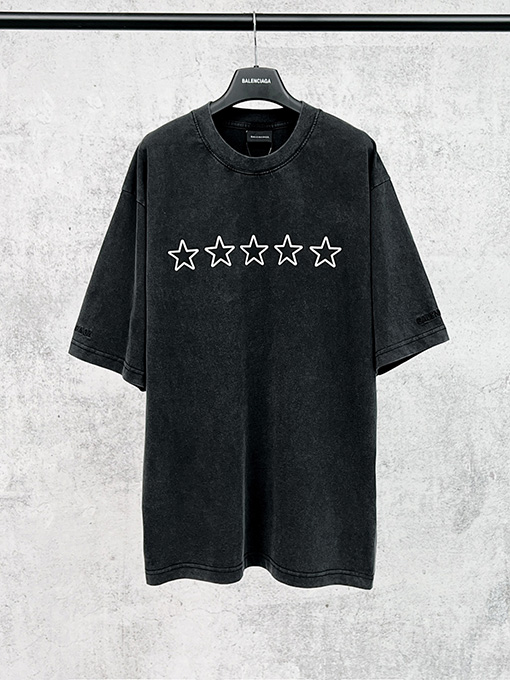 バレンシアガ スターロゴ刺繍の袖口ウォッシュとダメージをした半袖Tシャツ