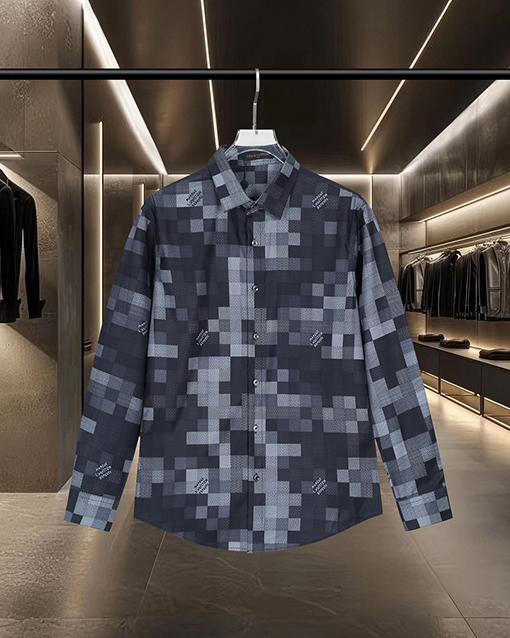 ルイヴィトンスーパーコピー 全体にチェック柄モザイクをした長袖シャツ