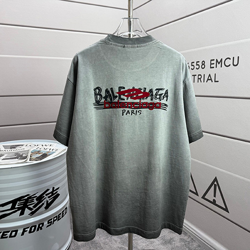 バレンシアガ Balenciaga フロックシリコンプリントウォッシュダメージクルーネック半袖Tシャツ