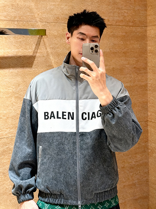 バレンシアガ BALENCIAGA 57 デニムパッチワークスローガンウィンドブレーカージャケット