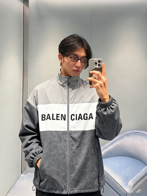 バレンシアガ BALENCIAGA 57 デニムパッチワークスローガンウィンドブレーカージャケット
