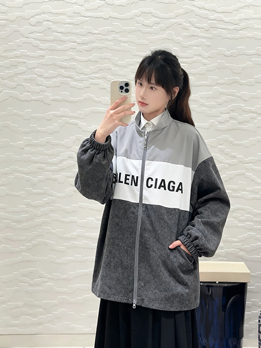 バレンシアガ BALENCIAGA 57 デニムパッチワークスローガンウィンドブレーカージャケット