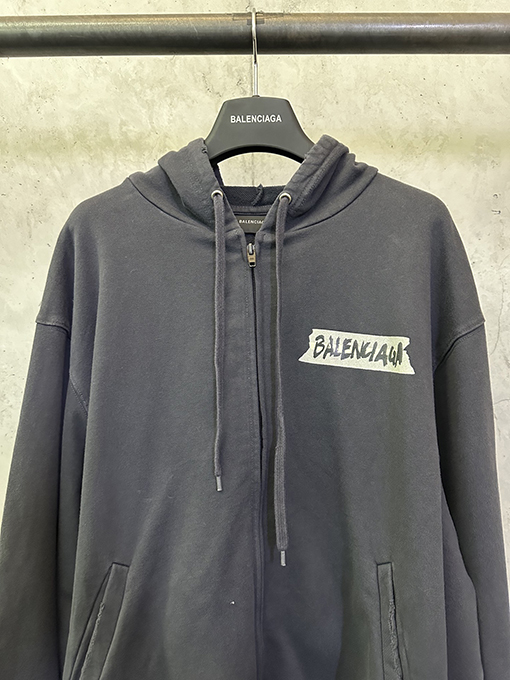 バレンシアガ Balenciaga ホワイトテーププリントのフード付きジップアップスウェットシャツジャケット