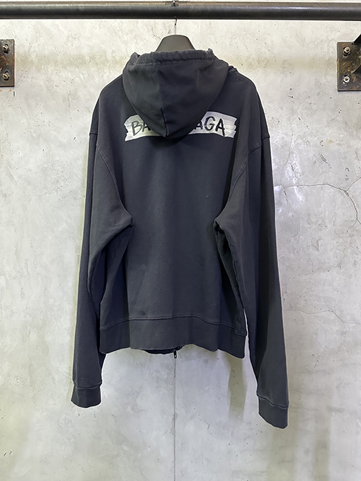 バレンシアガ Balenciaga ホワイトテーププリントのフード付きジップアップスウェットシャツジャケット