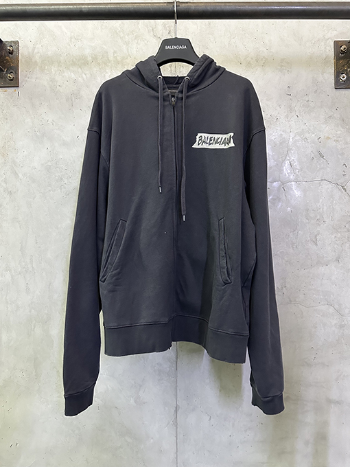 バレンシアガ Balenciaga ホワイトテーププリントのフード付きジップアップスウェットシャツジャケット
