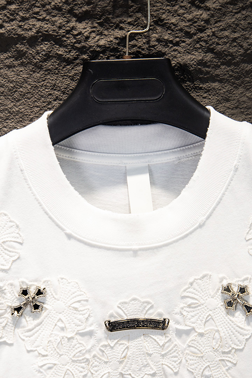 クロムハーツ クラシックなヘビーデューティーなダメージのパッチワーク刺繍りハードウェア半袖Tシャツ