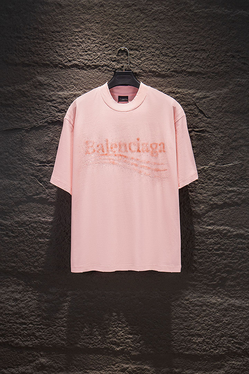 バレンシアガ Balenciaga クラシックなダメージ破れプリントラインストーンの半袖Tシャツ