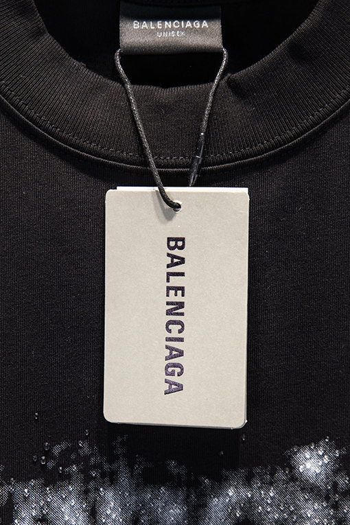 バレンシアガ Balenciaga クラシックなダメージ破れプリントラインストーンの半袖Tシャツ