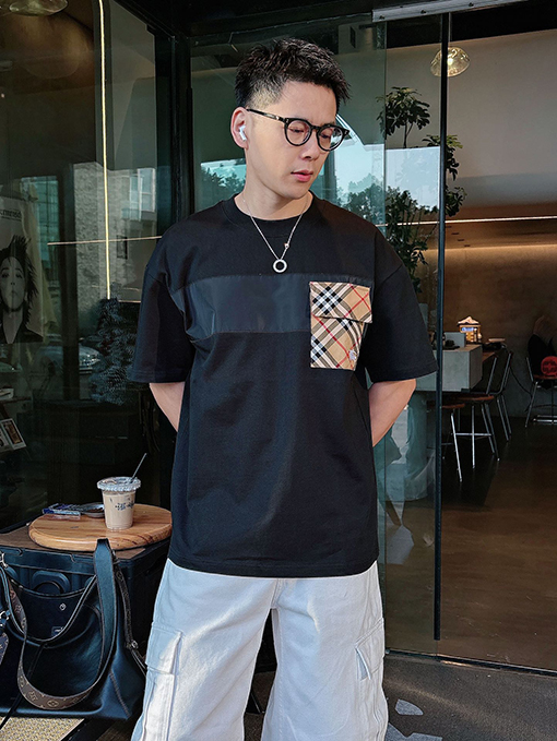 バーバリーコピー 新作チェック柄パッチワーク刺繍半袖Tシャツ