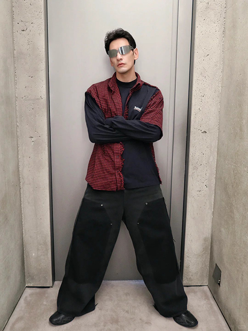 バレンシアガ BALENCIAGA 刺繍入りチェック柄襟付き長袖シャツ