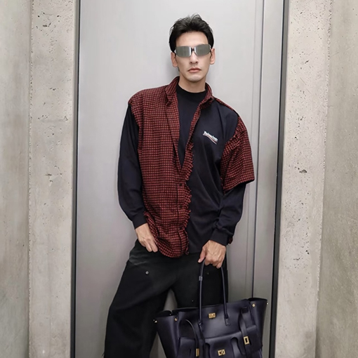 バレンシアガ BALENCIAGA 刺繍入りチェック柄襟付き長袖シャツ