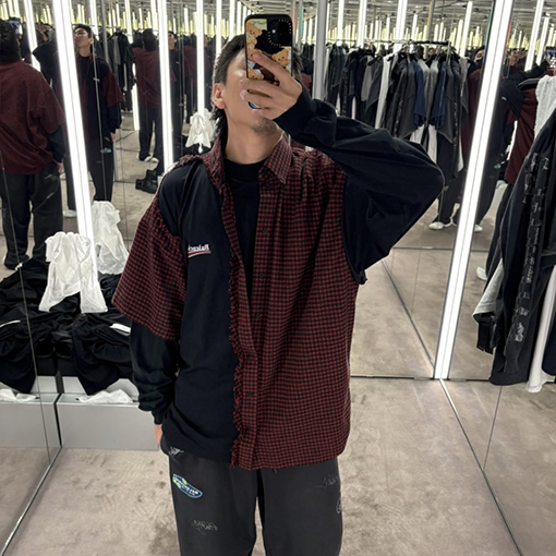 バレンシアガ BALENCIAGA 刺繍入りチェック柄襟付き長袖シャツ