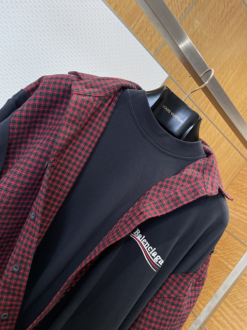 バレンシアガ BALENCIAGA 刺繍入りチェック柄襟付き長袖シャツ