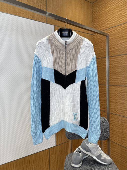 ルイヴィトンスーパーコピー 刺繍入りカラーブロックジッパーニットカーディガン