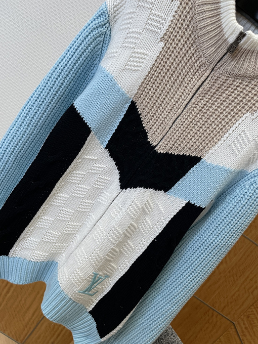 ルイヴィトンスーパーコピー 刺繍入りカラーブロックジッパーニットカーディガン